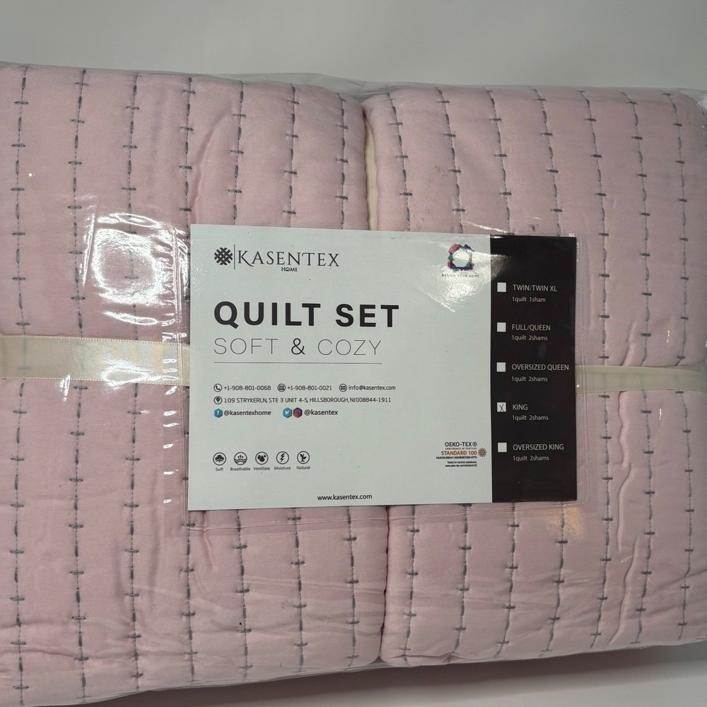 Kasentex Quilt Set King Pink NEW Soft Cozy Pick Stitch Bedding 3pc OEKO-TEX